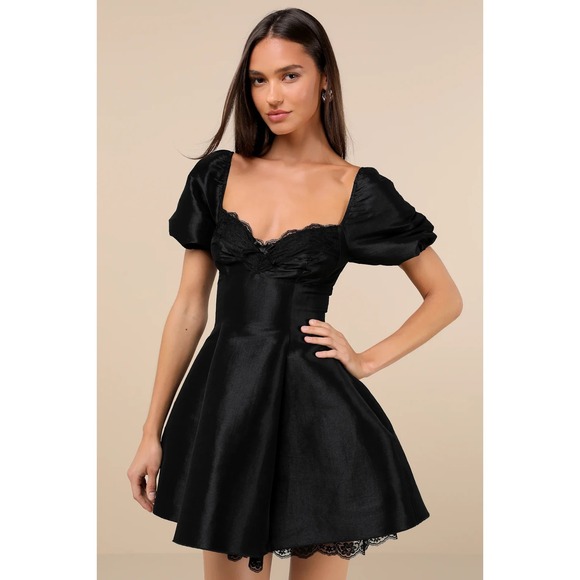 NWT Lulus Enchanting Size Xs Presence Black Taffeta Lace Puff Sleeve Mini Dress - Picture 1 of 15